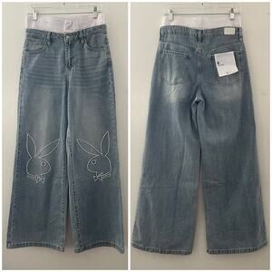 Playboy Embroidered Bunny Logo Wide Leg Jeans Denim Y2K Juniors Size 9/30" NWT